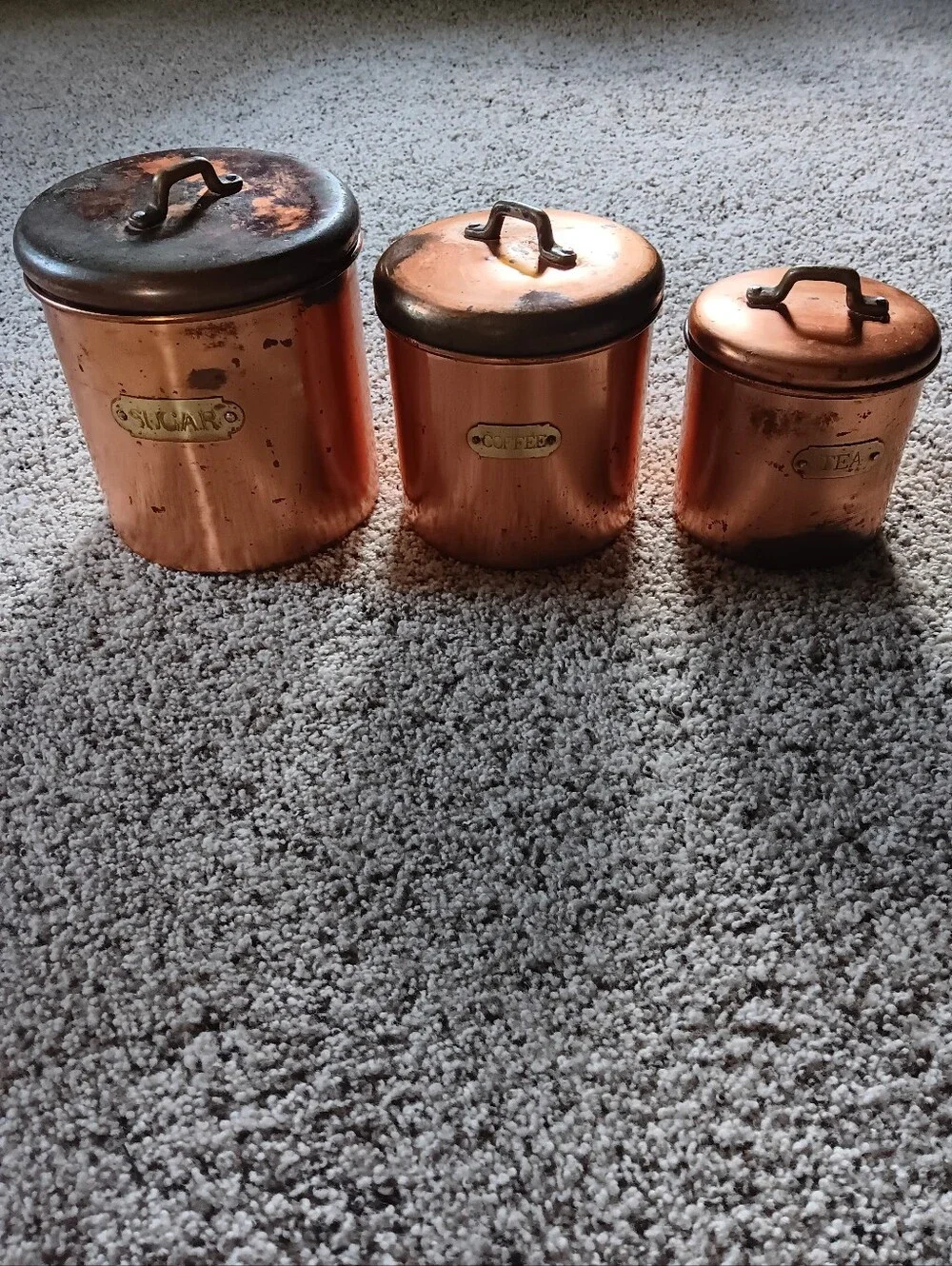 VTG Antique Set 3 Copper Colored Canisters Sugar Coffee Tea Metal Farmhouse